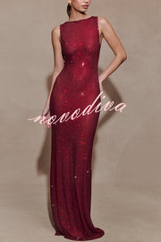 Holiday Nights Sequin Boat Neck Sleeveless Slit Maxi Dress