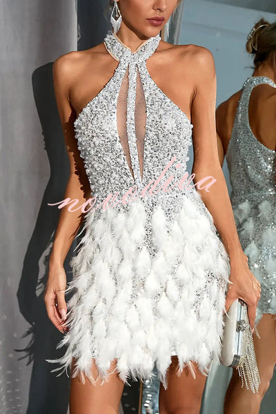Stylish Sequined Sleeveless Feather-embellished Slim-fit Mini Dress