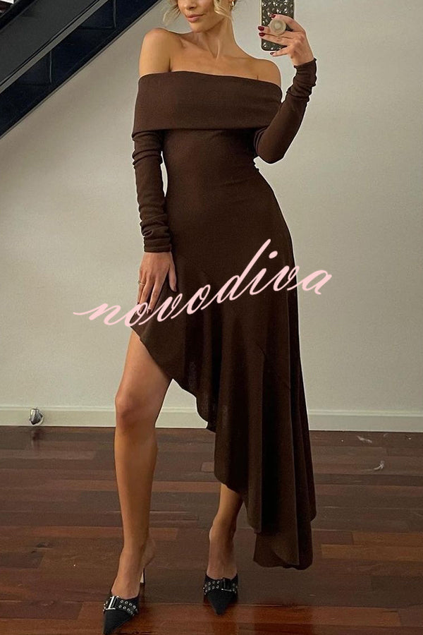 Temperament Off Shoulder Long Sleeve Irregular Hem Stretch Maxi Dress