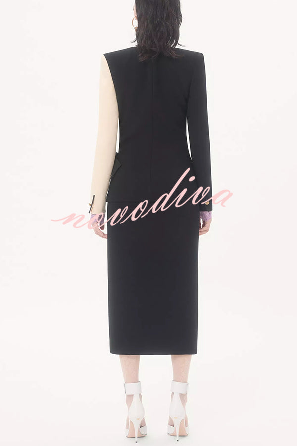 Love Unfolded Contrast Color Side Bow Tie-up Long Sleeve Slit Midi Dress