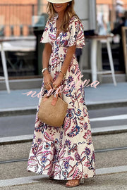Unique Print V-Neck Waist Holiday Maxi Dress