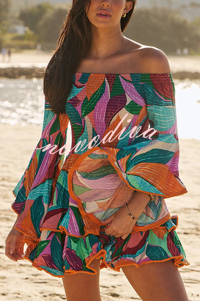 Unique Print Off The Shoulder Pleated Bell Sleeve Fitted Mini Dress