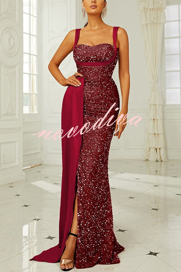 Banquet Sequined Backless Strappy Fishtail Maxi Dress