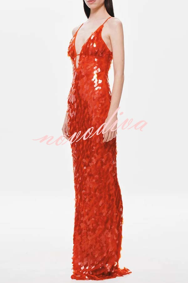 Reshape Beauty Fish Scale Sequin Cutout U-neck Slip Maxi Dress