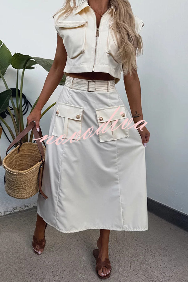 Athleisure Zipper Pocket Sleeveless Jacket and Belted Cargo Midi Skirt Set