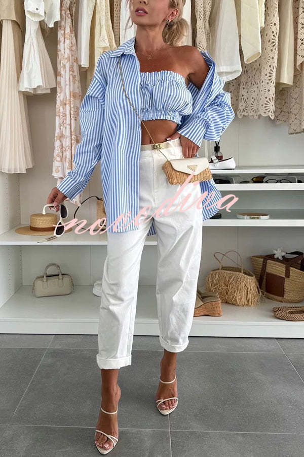Zoie Striped Stretch Bandeau + Elastic Waist Pocket Shorts + Oversized Blouse 3 Pieces Set