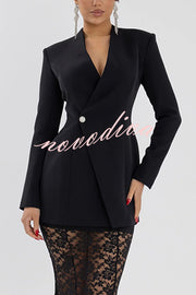 Poetic Muse Stand V-neck Rhinestone Button Up Long Sleeve Blazer