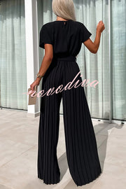 Ivy Cowl Neck Short Sleeve Belt Pleated Loose Wide Leg Jumpsuit