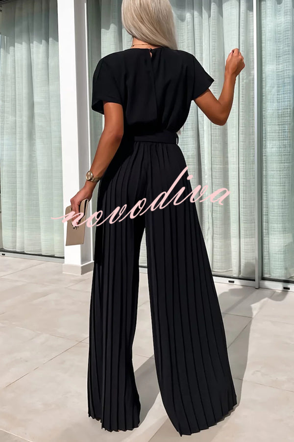 Ivy Cowl Neck Short Sleeve Belt Pleated Loose Wide Leg Jumpsuit