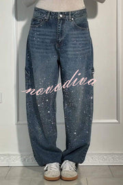 Fashionable Rhinestone Mid-rise Loose Pocket Straight Jeans