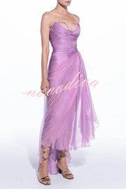 Julie Tulle Lace Trim Off Shoulder Ruched Back Lace-up Drape Slit Maxi Dress