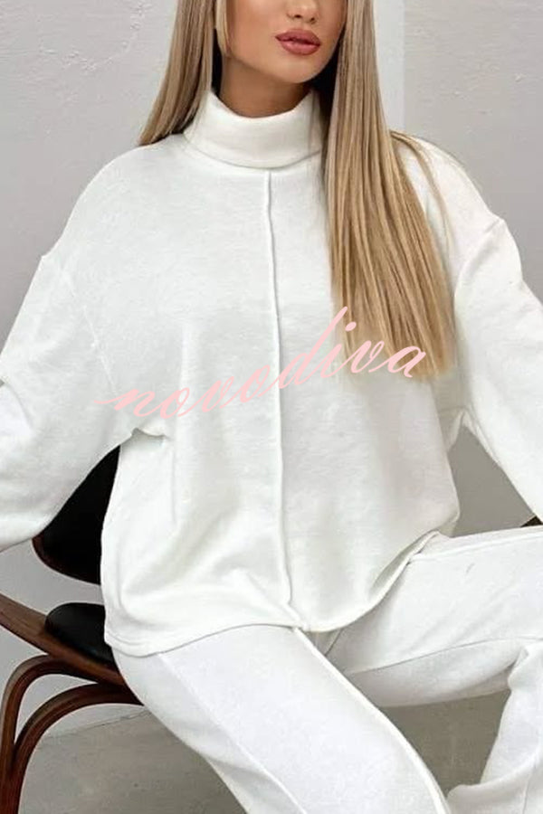 Solid Color Casual Knitted High Neck Long Sleeve Top and Elastic Waist Loose Pants Set