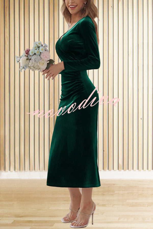 Solid Color Velvet Long Sleeve V-neck Slim Fit Fishtail Maxi Dress