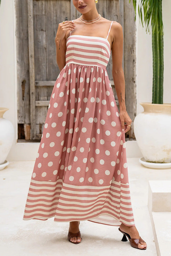 Striped Polka-dot Print Sling Pleated Open-back Maxi Dress