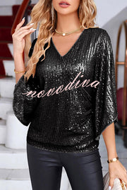 Solid Color Sequined V-neck Hollow Sleeve Slim Fit Top