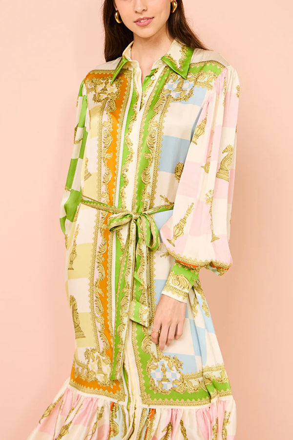 Garden Party Satin Unique Print Balloon Sleeve Belted Shirt Maxi Dress