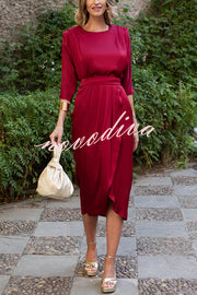 Satin Solid Color Round Neck Half Sleeve Waist Midi Dress