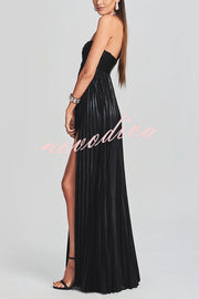 Metallic Sexy Tube Top Pleated High Slit Maxi Dress