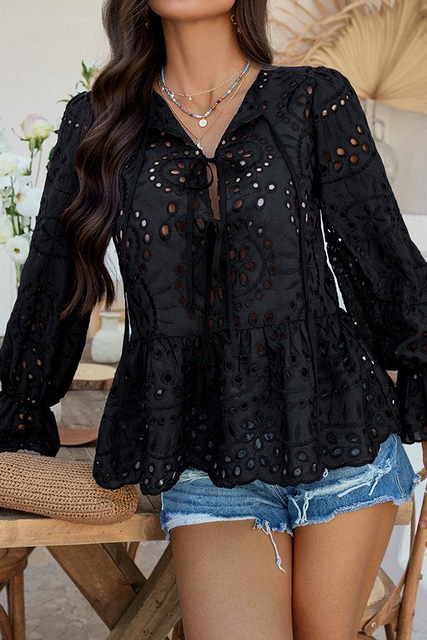 Solid Color Vacation Loose Lace-up Hollow Top