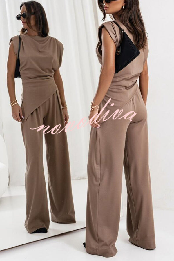 Jordy Ruched Shoulder Slit Top and Elastic Waist Pocketed Wide Leg Pants Set