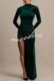 Wishes Velvet High Neck Long Sleeve Ruched Waist Wrap Slit Stretch Maxi Dress