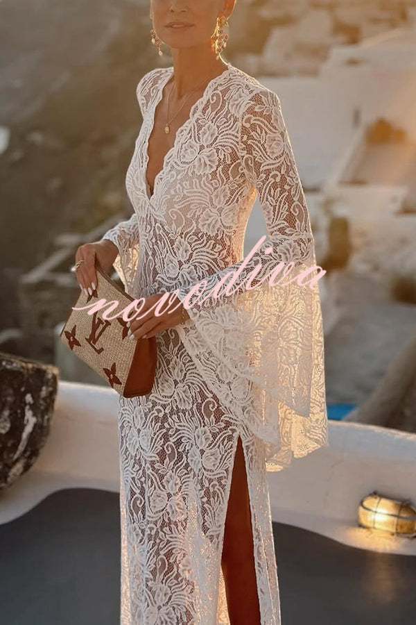 Dream Love Floral Lace Bell Sleeve V-neck Slit Maxi Dress