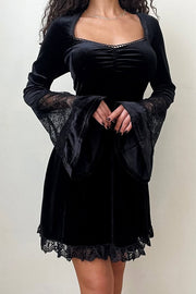 Solid Color Velvet and Lace Spliced long-sleeved Elegant Mini Dress