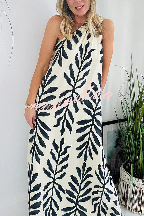 Floral Unique Printed One Shoulder Pocketed Loose Maxi Dress