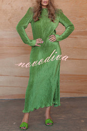 Hansin Satin Pleated Fabric Long Sleeve Wavy Trim H-line Slit Midi Dress