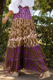 Resort Style Unique Print Elastic Waist Loose Stitching Maxi Skirt