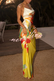 Luisa Satin Floral Print Cowl Neck Sexy Open Back Tie-up Maxi Dress