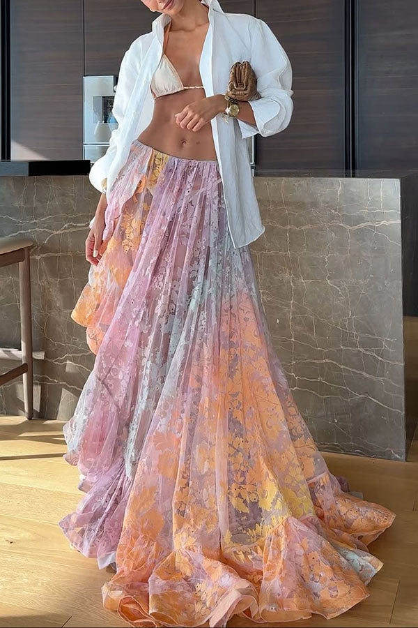 Tesley Lace Gradient Print Elastic Waist Irregular Ruffles Maxi Skirt