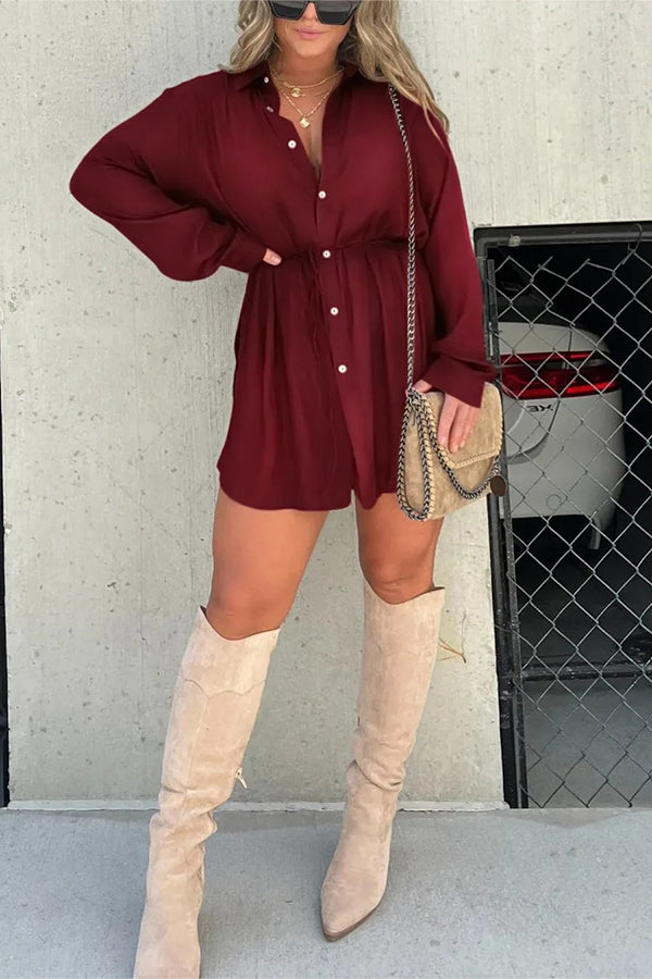 Solid Color Long Sleeve Button Casual Shirt-Style Rompers