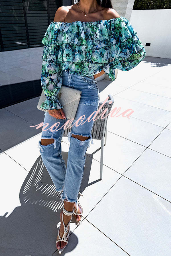 Colorful Botanical Print Sexy Off-shoulder Ruffle Top