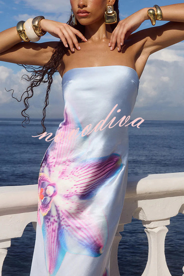 Floral Print Sexy Strapless Backless Holiday Maxi Dress