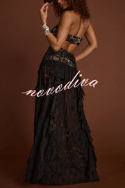 A Girls' Trip Lace High Neck Cutout Drop Waist Ruffles Maxi Dress