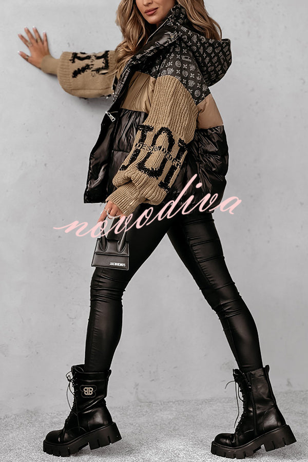 Stylish Denim Knit Long-sleeved Patchwork Hooded Pocket Thickened Jacket