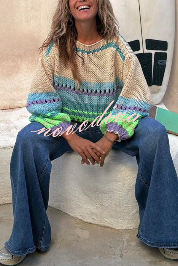 Rainbow Mood Multicolor Round Neck Hollow Long Sleeve Knitted Sweater