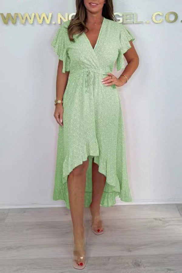 Resort Style V-neck Ruffle Sleeves Waist Tie Irregular Midi Dress