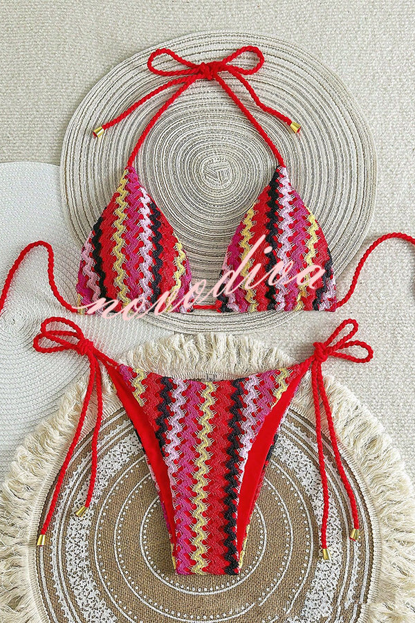 Knit Wave Unique Print Stretch Tie Bikini Swimsuit
