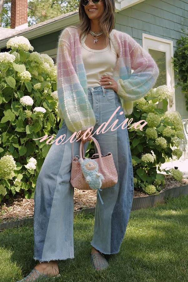 Palette Day Knit Color Blocks Open Front Balloon Sleeve Loose Cardigan