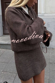 Fashion Lapel Bell Sleeve Knitted Cardigan and Casual Mini Skirt Set