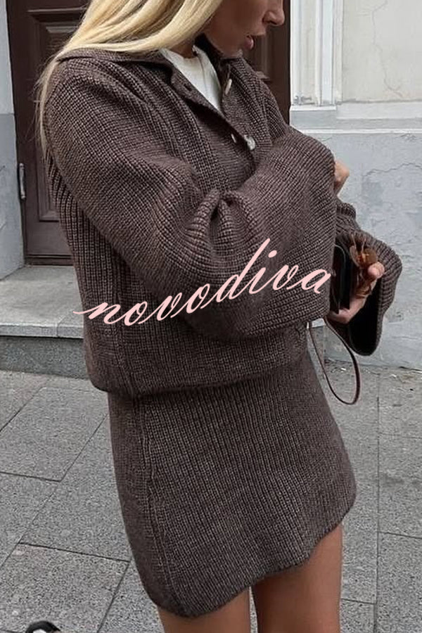 Fashion Lapel Bell Sleeve Knitted Cardigan and Casual Mini Skirt Set