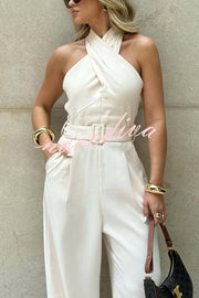 Solid Color Halterneck Sleeveless Waisted Casual Pocket Straight Jumpsuit
