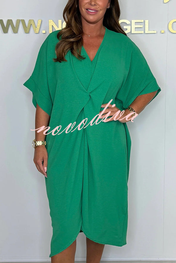 Solid Color V-neck Cross Knot Casual Irregular Midi Dress