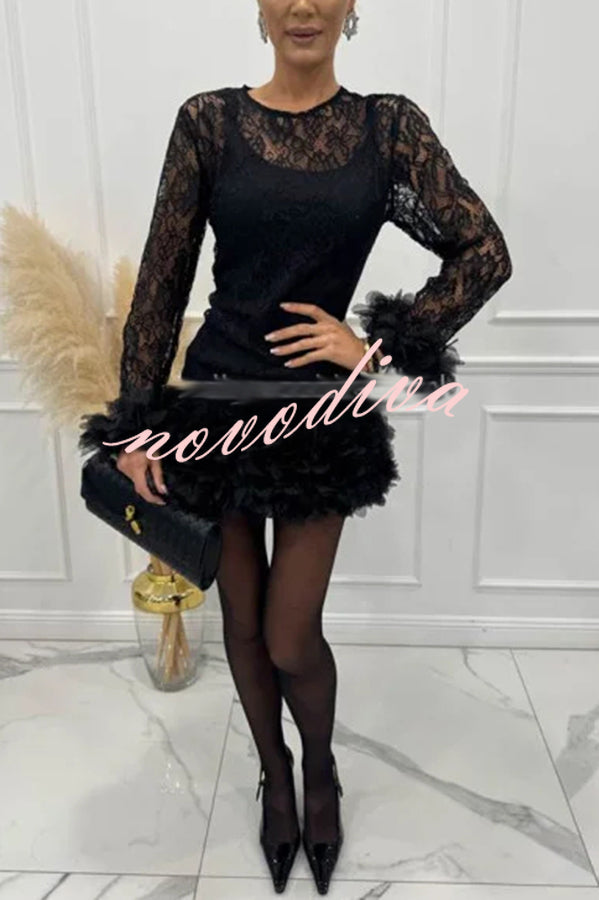 Alyssa Lace Fabric Tulle Layered Petals Trim Long Sleeve Mini Dress