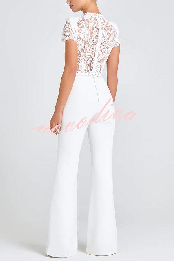 Party Charmer Flower Lace Patchwork Short Sleeve Bow Belted Flare Jumpsuit