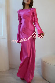 Satin Elegant Long-sleeved Open-back Slim-fit Slit Maxi Dress