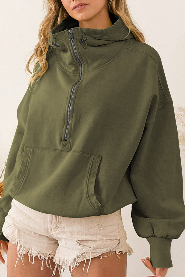 Front Pocket Zip Drawstring Long Sleeve Hoodie