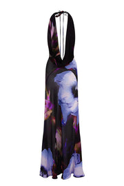 Bold and Sexy Tie-dye Abstract Floral Halter Drape Neck Backless Maxi Dress